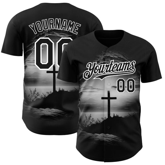Custom Black White 3D Pattern Design Religion Cross Jesus Christ Ash Wednesday Authentic Baseball Jersey - Sky-Custom