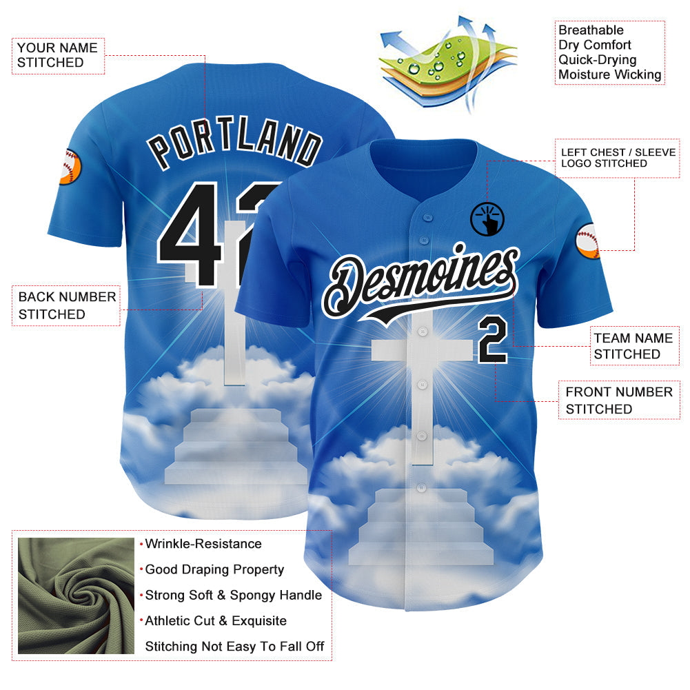 Custom Royal Black-White 3D Pattern Design Religion Cross Jesus Christ Good Friday Authentic Baseball Jersey - Sky-Custom