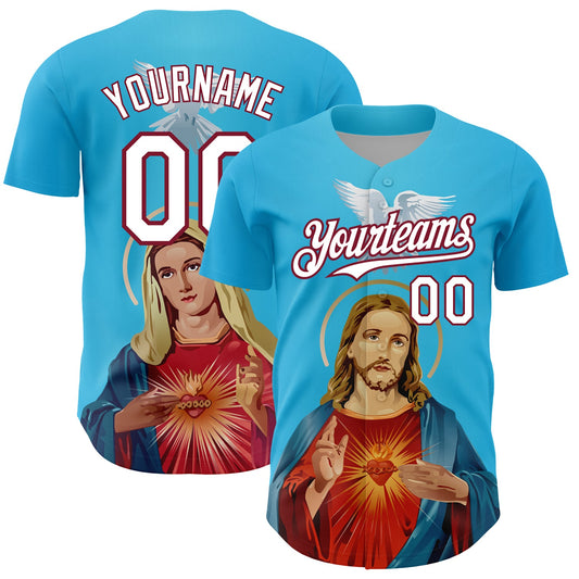 Custom Sky Blue White-Maroon 3D Pattern Design Religion Jesus Christ And Virgin Mary Authentic Baseball Jersey - Sky-Custom