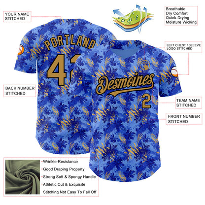 Custom Light Blue Old Gold-Black 3D Pattern Design Tropical Hawaii Palm Leaves Authentic Baseball Jersey - Sky-Custom
