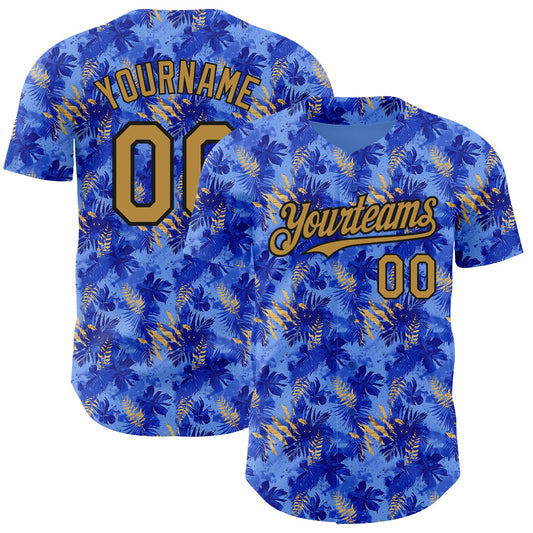 Custom Light Blue Old Gold-Black 3D Pattern Design Tropical Hawaii Palm Leaves Authentic Baseball Jersey - Sky-Custom