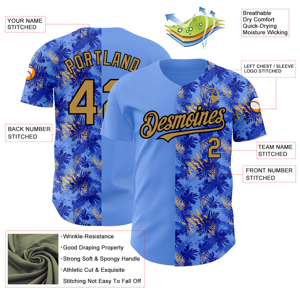 Custom Light Blue Old Gold-Black 3D Pattern Design Tropical Hawaii Palm Leaves Authentic Baseball Jersey - Sky-Custom