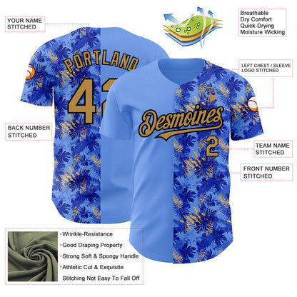 Custom Light Blue Old Gold-Black 3D Pattern Design Tropical Hawaii Palm Leaves Authentic Baseball Jersey - Sky-Custom