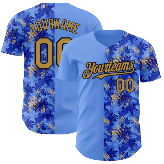 Custom Light Blue Old Gold-Black 3D Pattern Design Tropical Hawaii Palm Leaves Authentic Baseball Jersey - Sky-Custom