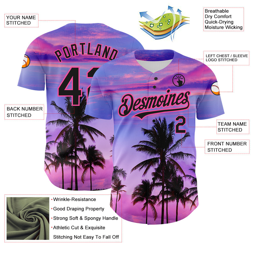 Custom Purple Black-Pink 3D Pattern Design Hawaii Palm Trees Authentic Baseball Jersey - Sky-Custom