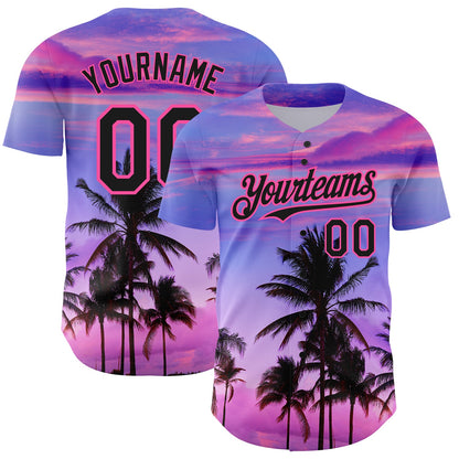 Custom Purple Black-Pink 3D Pattern Design Hawaii Palm Trees Authentic Baseball Jersey - Sky-Custom