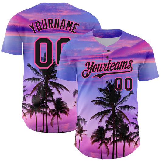 Custom Purple Black-Pink 3D Pattern Design Hawaii Palm Trees Authentic Baseball Jersey - Sky-Custom