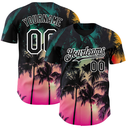 Custom Pink Black-White 3D Pattern Design Hawaii Palm Trees Authentic Baseball Jersey - Sky-Custom