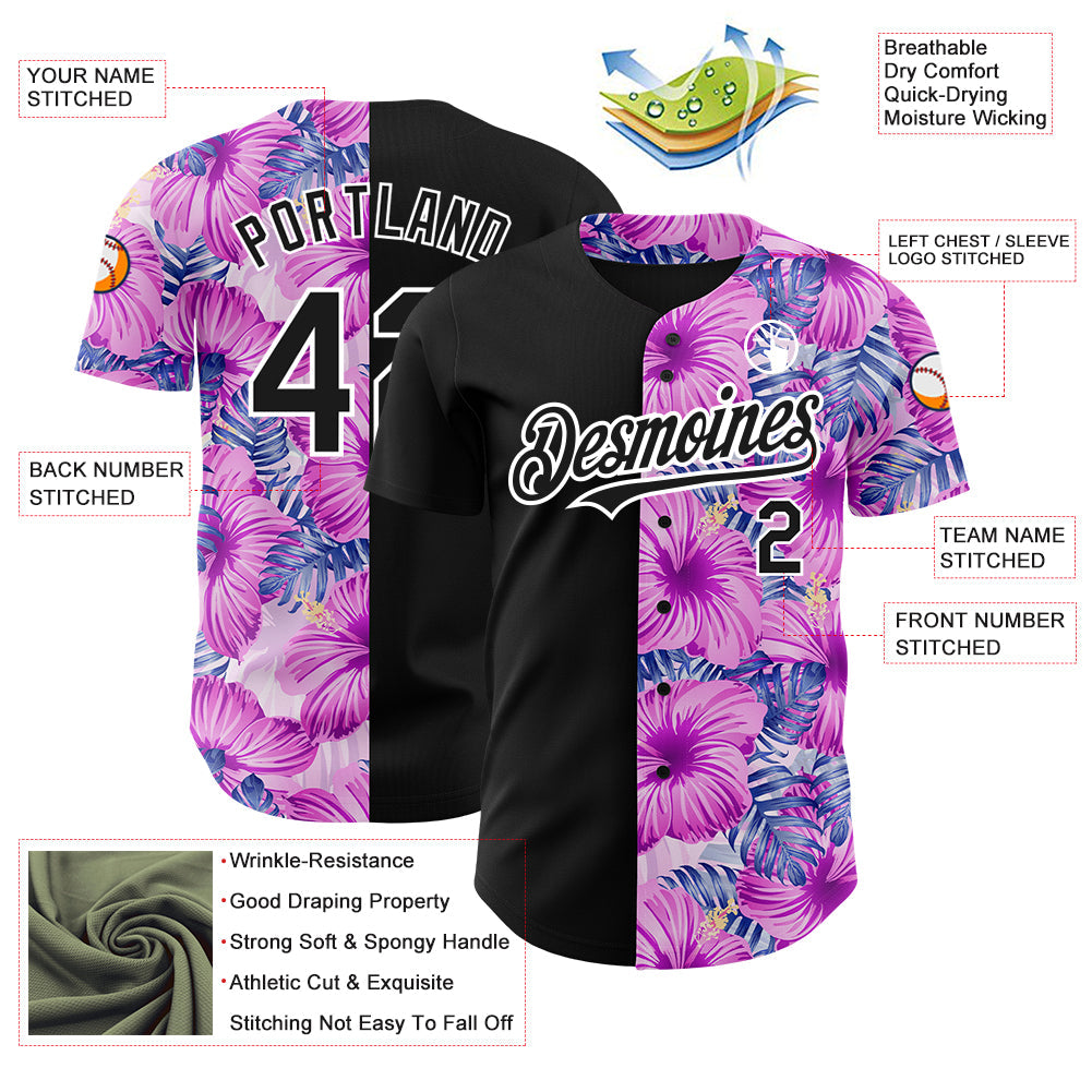 Custom Pink Black-White 3D Pattern Design Tropical Flower And Hawaii Palm Leaves Authentic Baseball Jersey - Sky-Custom