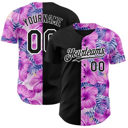 Custom Pink Black-White 3D Pattern Design Tropical Flower And Hawaii Palm Leaves Authentic Baseball Jersey - Sky-Custom