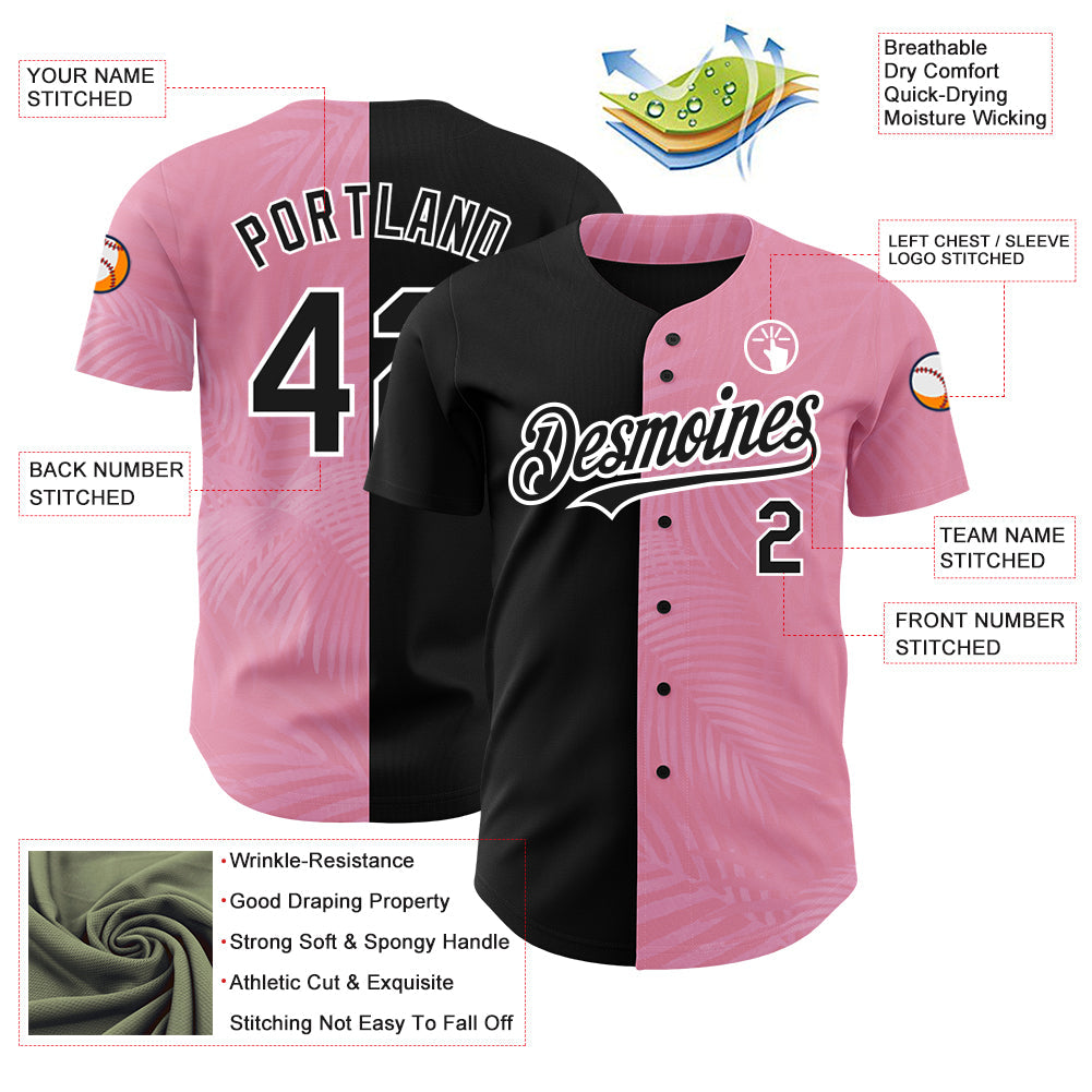 Custom Medium Pink Black-White 3D Pattern Design Tropical Hawaii Palm Leaves Authentic Baseball Jersey - Sky-Custom