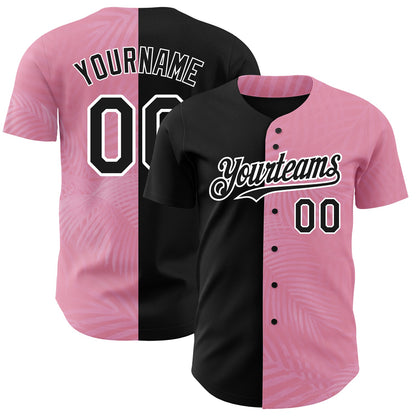 Custom Medium Pink Black-White 3D Pattern Design Tropical Hawaii Palm Leaves Authentic Baseball Jersey - Sky-Custom