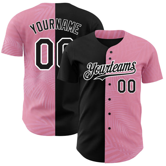 Custom Medium Pink Black-White 3D Pattern Design Tropical Hawaii Palm Leaves Authentic Baseball Jersey - Sky-Custom
