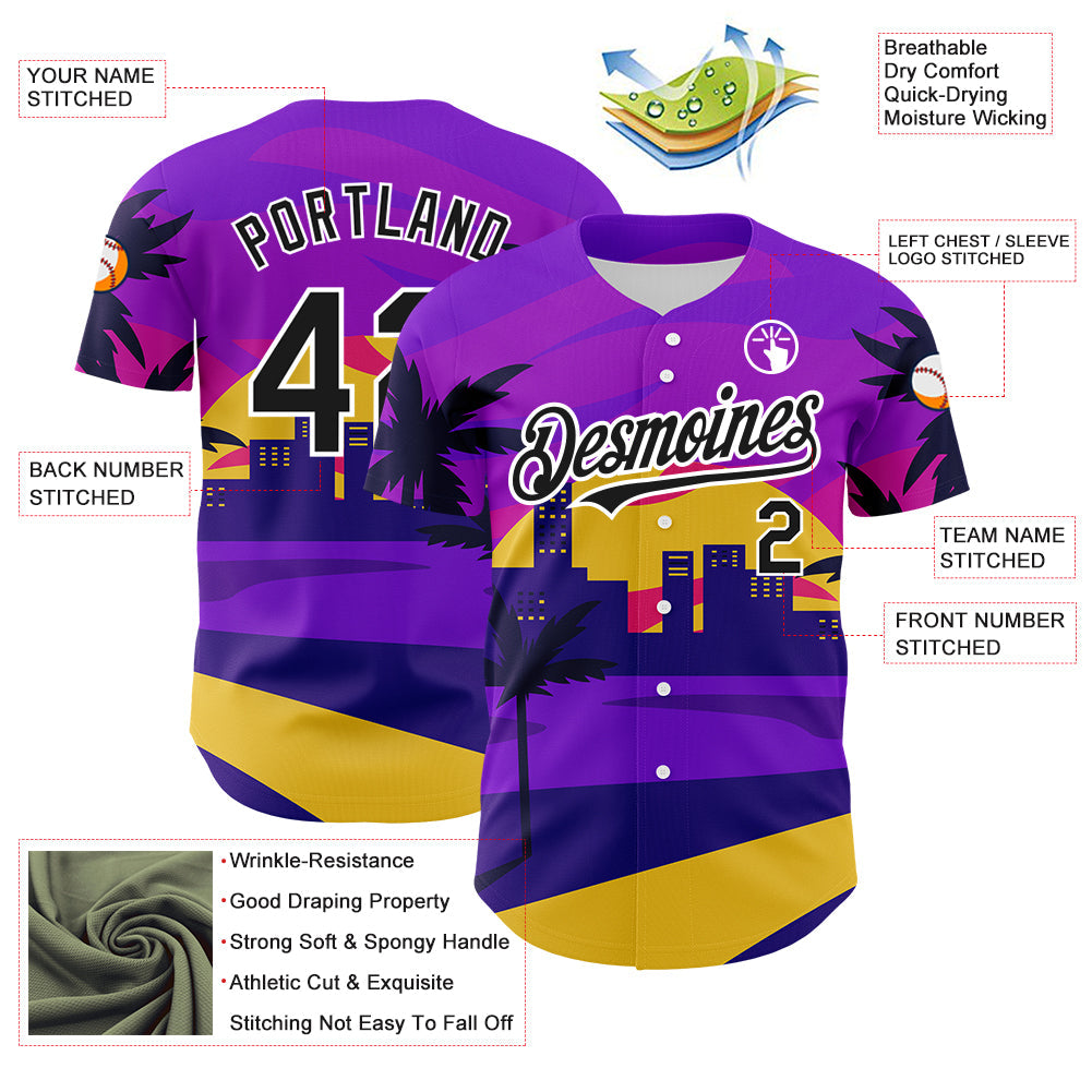 Custom Purple Black-White 3D Pattern Design Hawaii Palm Trees Authentic Baseball Jersey - Sky-Custom