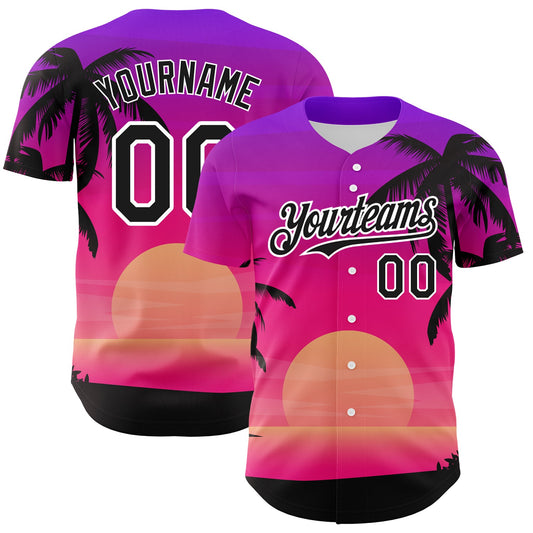 Custom Purple Black-White 3D Pattern Design Beach Hawaii Palm Trees Authentic Baseball Jersey - Sky-Custom
