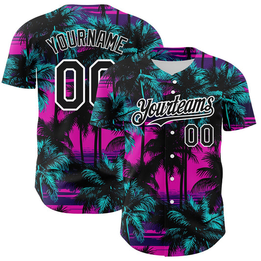 Custom Pink Black-White 3D Pattern Design Beach Hawaii Palm Trees Authentic Baseball Jersey - Sky-Custom