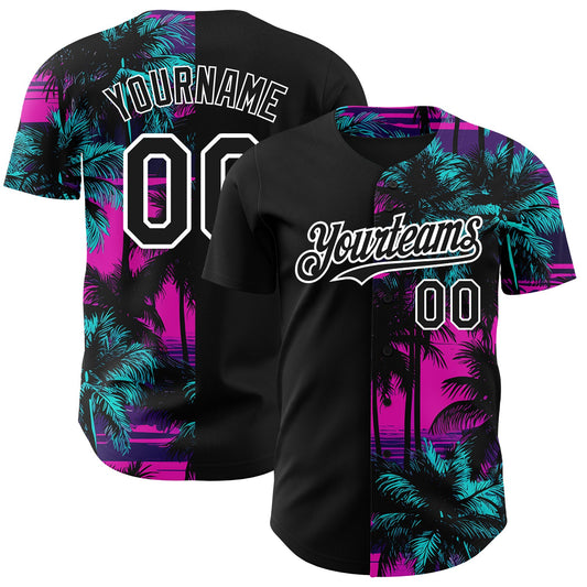 Custom Pink Black-White 3D Pattern Design Beach Hawaii Palm Trees Authentic Baseball Jersey - Sky-Custom