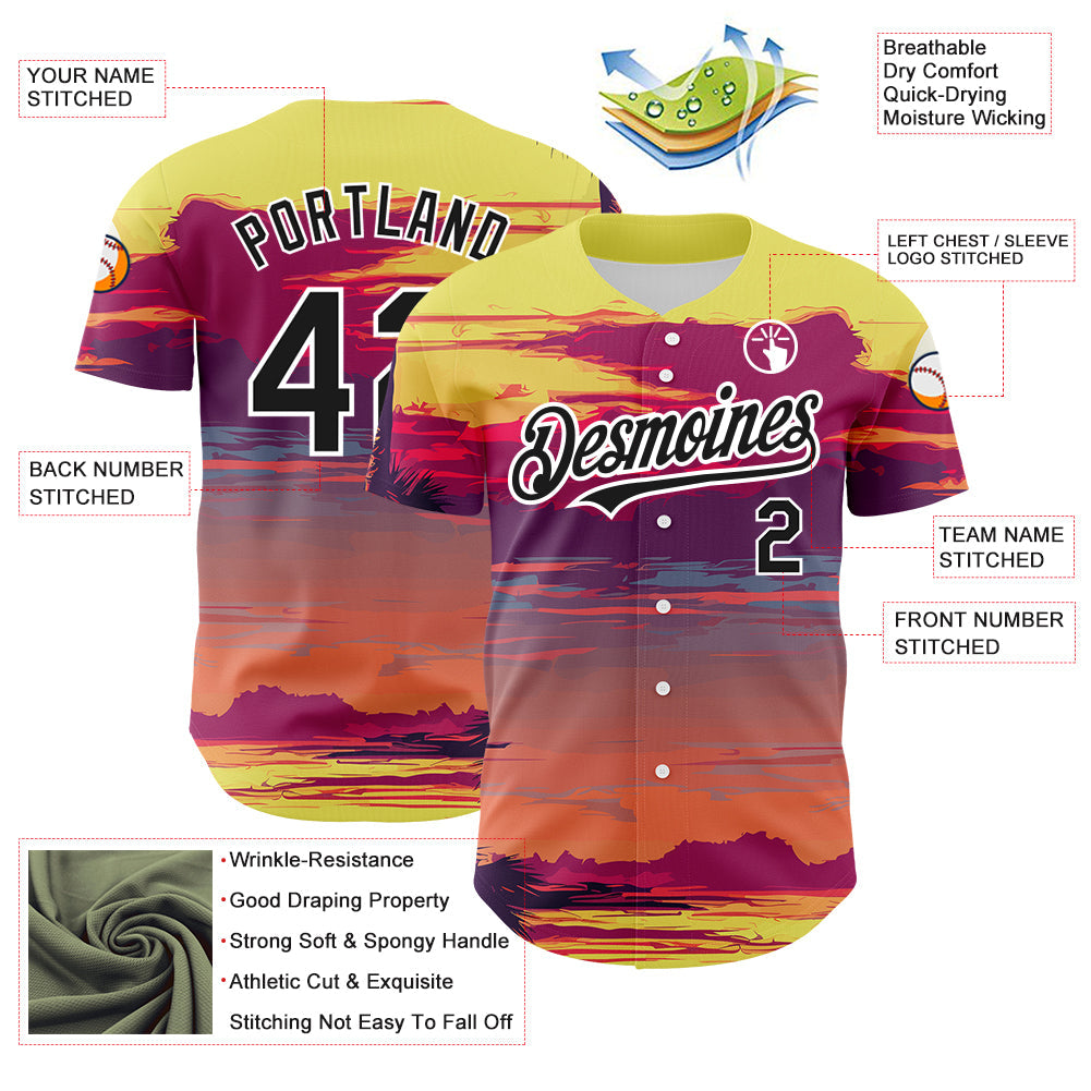 Custom Yellow Black-White 3D Pattern Design Beach Hawaii Palm Trees Authentic Baseball Jersey - Sky-Custom