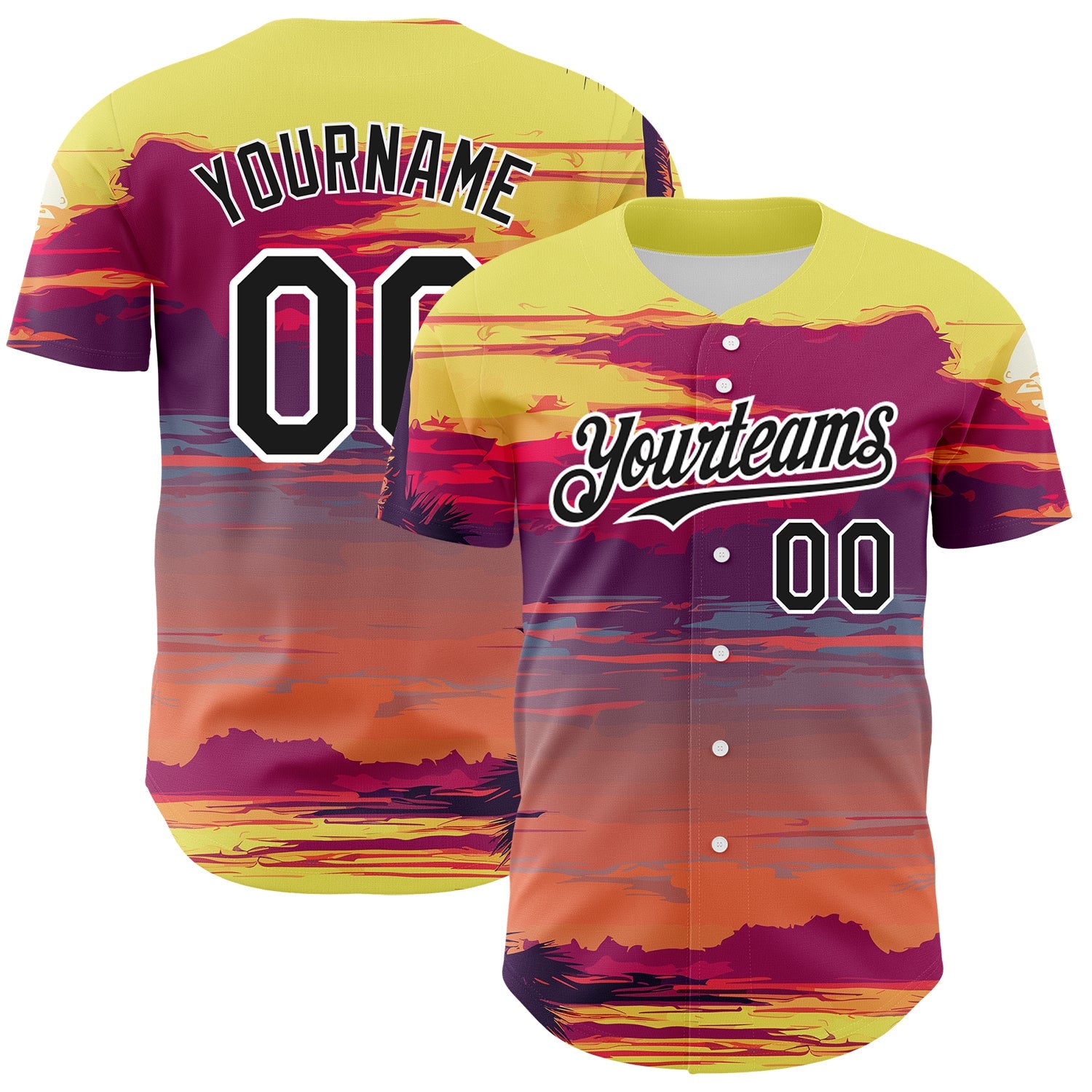 Custom Yellow Black-White 3D Pattern Design Beach Hawaii Palm Trees Authentic Baseball Jersey - Sky-Custom