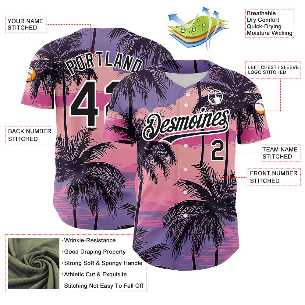 Custom Purple Black-White 3D Pattern Design Beach Hawaii Palm Trees Authentic Baseball Jersey - Sky-Custom