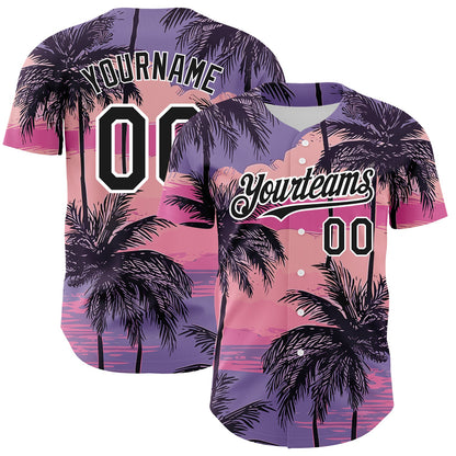 Custom Purple Black-White 3D Pattern Design Beach Hawaii Palm Trees Authentic Baseball Jersey - Sky-Custom