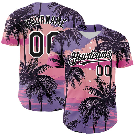 Custom Purple Black-White 3D Pattern Design Beach Hawaii Palm Trees Authentic Baseball Jersey - Sky-Custom