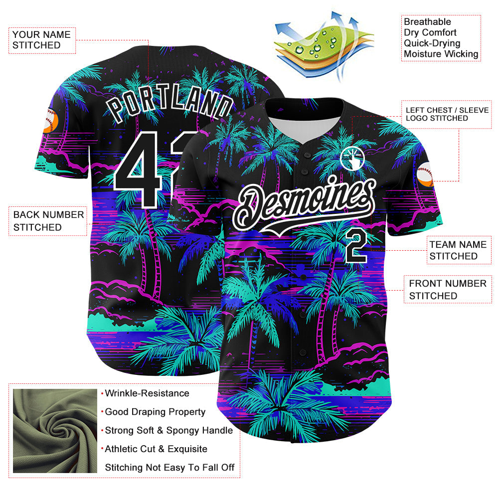 Custom Black White 3D Pattern Design Beach Hawaii Palm Trees Authentic Baseball Jersey - Sky-Custom