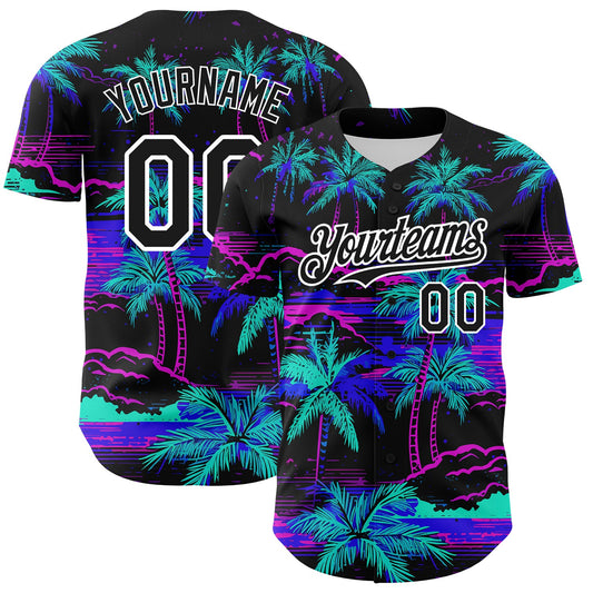 Custom Black White 3D Pattern Design Beach Hawaii Palm Trees Authentic Baseball Jersey - Sky-Custom