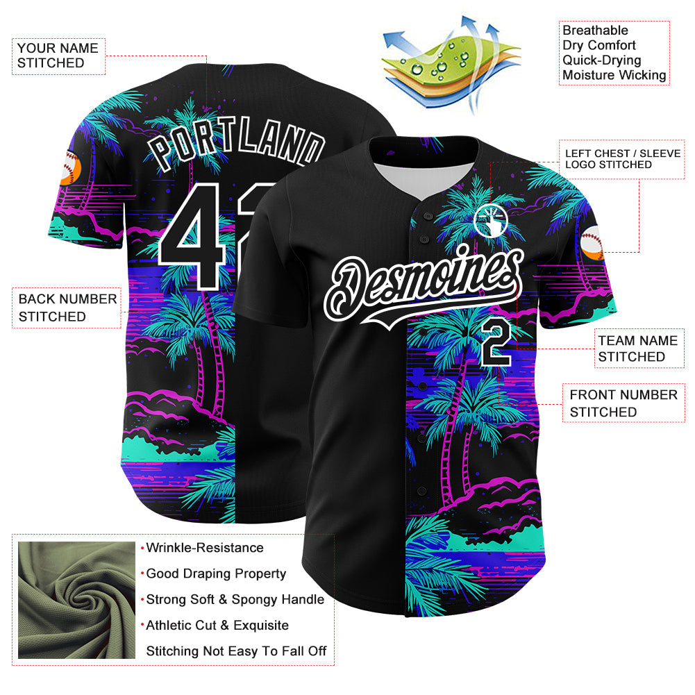 Custom Black White 3D Pattern Design Beach Hawaii Palm Trees Authentic Baseball Jersey - Sky-Custom