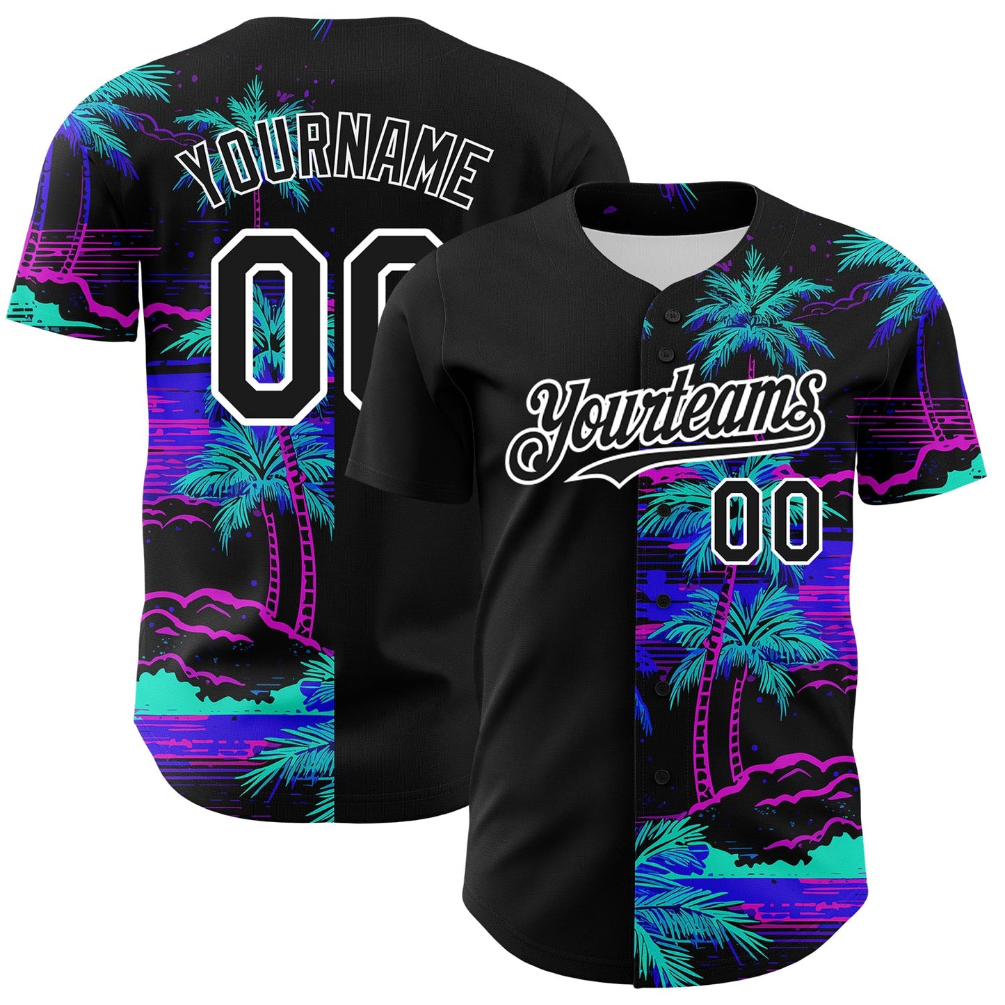 Custom Black White 3D Pattern Design Beach Hawaii Palm Trees Authentic Baseball Jersey - Sky-Custom