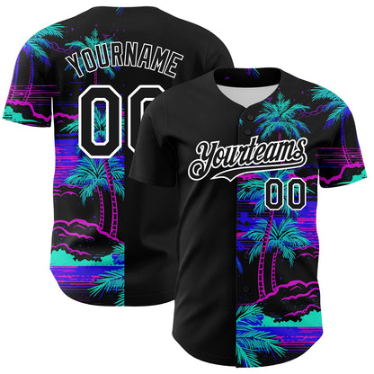 Custom Black White 3D Pattern Design Beach Hawaii Palm Trees Authentic Baseball Jersey - Sky-Custom