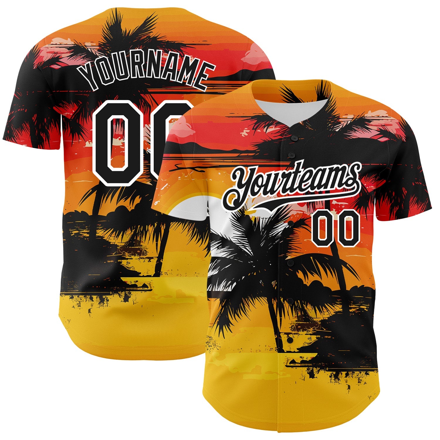 Custom Yellow Black White 3D Pattern Design Beach Hawaii Palm Trees Authentic Baseball Jersey - Sky-Custom