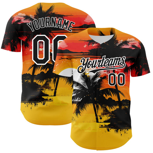 Custom Yellow Black White 3D Pattern Design Beach Hawaii Palm Trees Authentic Baseball Jersey - Sky-Custom