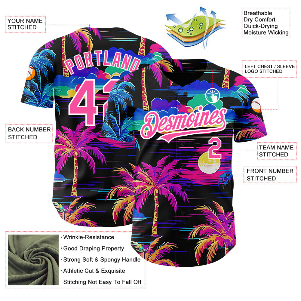 Custom Black Pink-White 3D Pattern Design Beach Hawaii Palm Trees Authentic Baseball Jersey - Sky-Custom