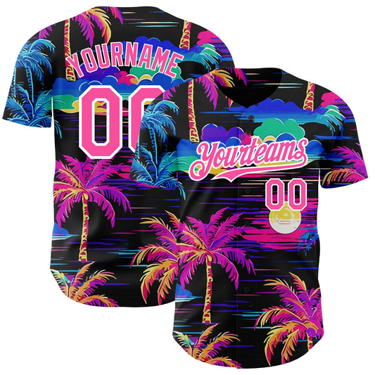 Custom Black Pink-White 3D Pattern Design Beach Hawaii Palm Trees Authentic Baseball Jersey - Sky-Custom