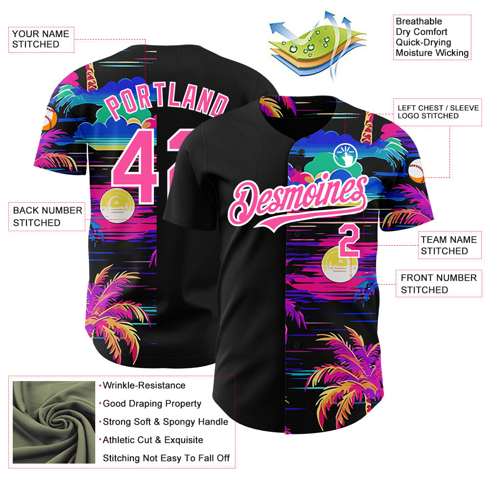 Custom Black Pink-White 3D Pattern Design Beach Hawaii Palm Trees Authentic Baseball Jersey - Sky-Custom
