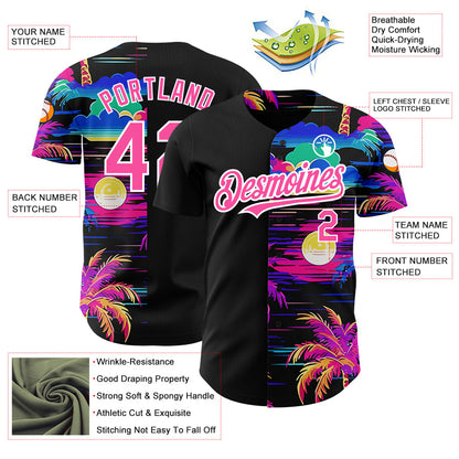 Custom Black Pink-White 3D Pattern Design Beach Hawaii Palm Trees Authentic Baseball Jersey - Sky-Custom