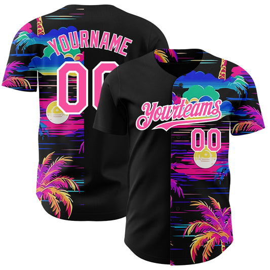 Custom Black Pink-White 3D Pattern Design Beach Hawaii Palm Trees Authentic Baseball Jersey - Sky-Custom