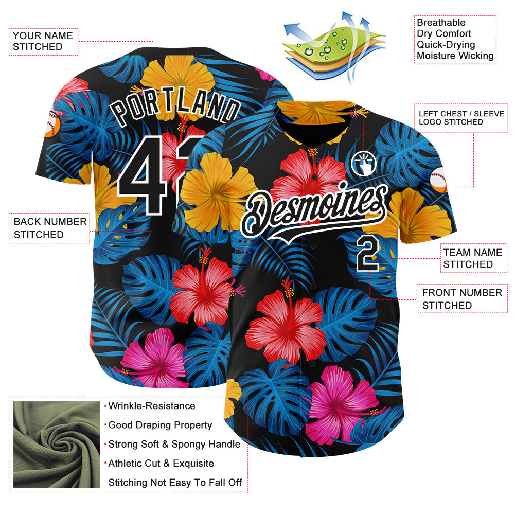 Custom Black White 3D Pattern Design Tropical Flower And Hawaii Palm Leaves Authentic Baseball Jersey - Sky-Custom