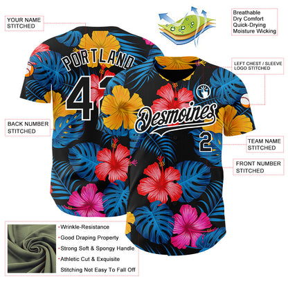 Custom Black White 3D Pattern Design Tropical Flower And Hawaii Palm Leaves Authentic Baseball Jersey - Sky-Custom