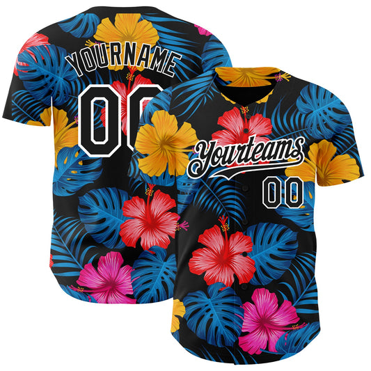 Custom Black White 3D Pattern Design Tropical Flower And Hawaii Palm Leaves Authentic Baseball Jersey - Sky-Custom
