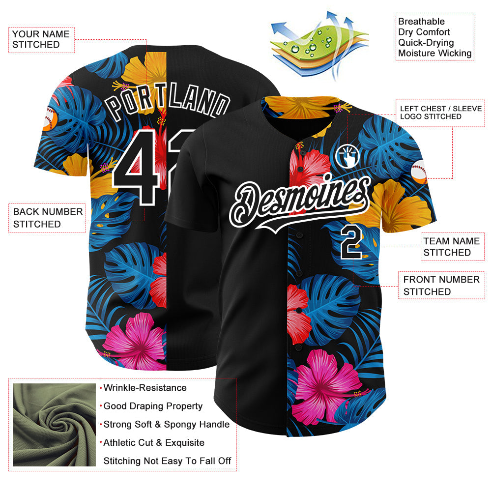 Custom Black White 3D Pattern Design Tropical Flower And Hawaii Palm Leaves Authentic Baseball Jersey - Sky-Custom