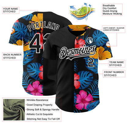 Custom Black White 3D Pattern Design Tropical Flower And Hawaii Palm Leaves Authentic Baseball Jersey - Sky-Custom