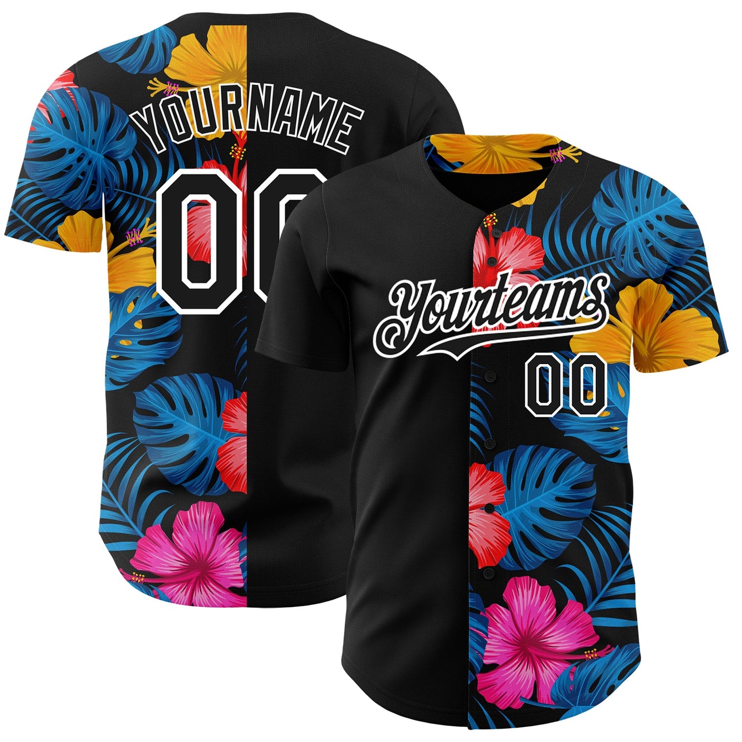 Custom Black White 3D Pattern Design Tropical Flower And Hawaii Palm Leaves Authentic Baseball Jersey - Sky-Custom