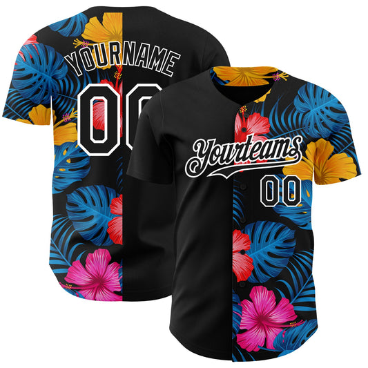 Custom Black White 3D Pattern Design Tropical Flower And Hawaii Palm Leaves Authentic Baseball Jersey - Sky-Custom