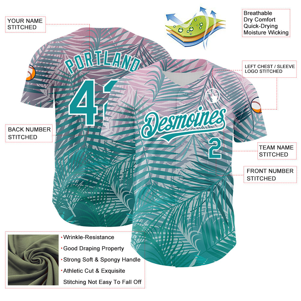 Custom Teal White 3D Pattern Design Tropical Hawaii Palm Leaves Authentic Baseball Jersey - Sky-Custom