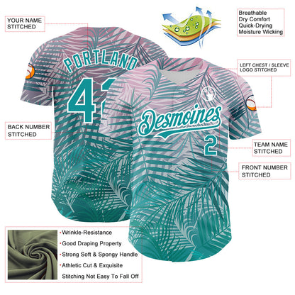 Custom Teal White 3D Pattern Design Tropical Hawaii Palm Leaves Authentic Baseball Jersey - Sky-Custom