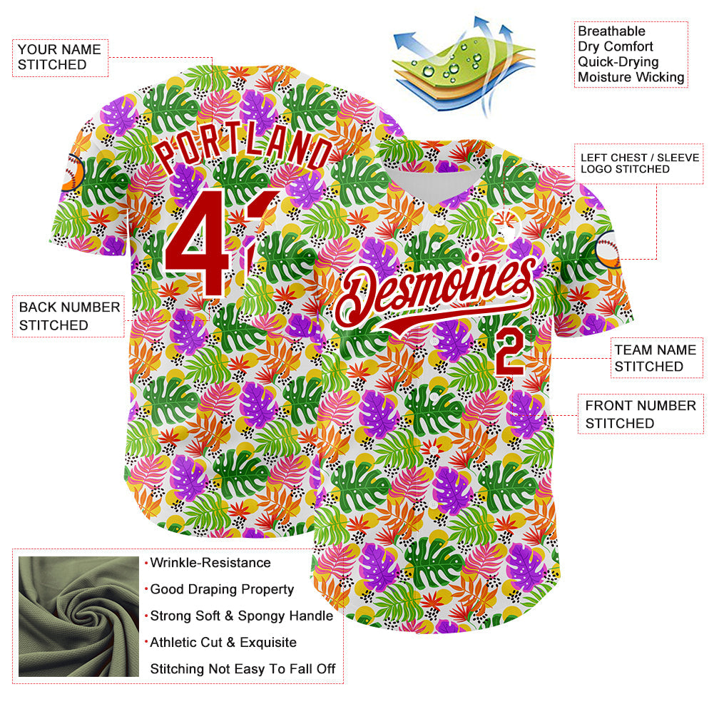 Custom White Red 3D Pattern Design Tropical Hawaii Palm Leaves Authentic Baseball Jersey - Sky-Custom