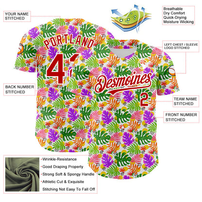 Custom White Red 3D Pattern Design Tropical Hawaii Palm Leaves Authentic Baseball Jersey - Sky-Custom