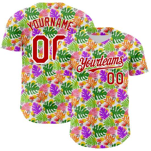 Custom White Red 3D Pattern Design Tropical Hawaii Palm Leaves Authentic Baseball Jersey - Sky-Custom